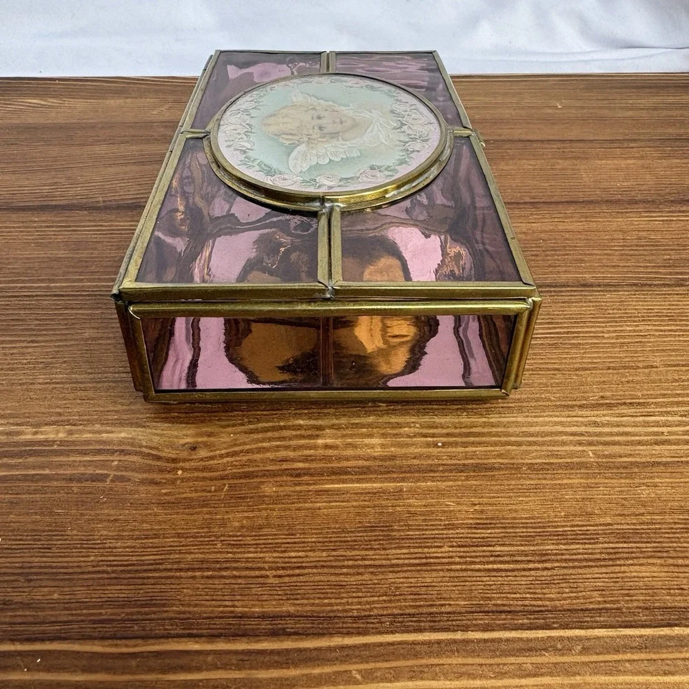 Enesco Amethyst Pink Stained Glass Jewelry Box Cherub Angel Roses Trinket Box